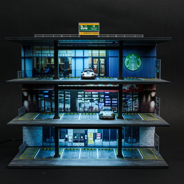 Garaż LED – KFC / Starbucks / MC | 20 miejsc | Podświetlany LED | 1:64